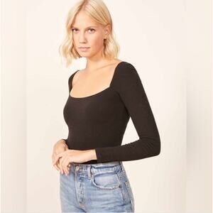 Reformation Gaia Ribbed Square Neck Long Sleeve Bodysuit Black Small